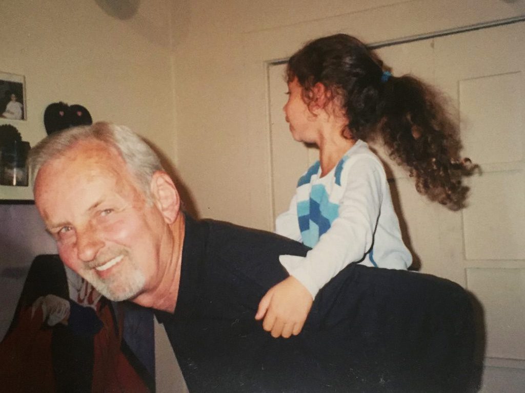 Roughly 2001, with his granddaughter (my niece) Vanessa.